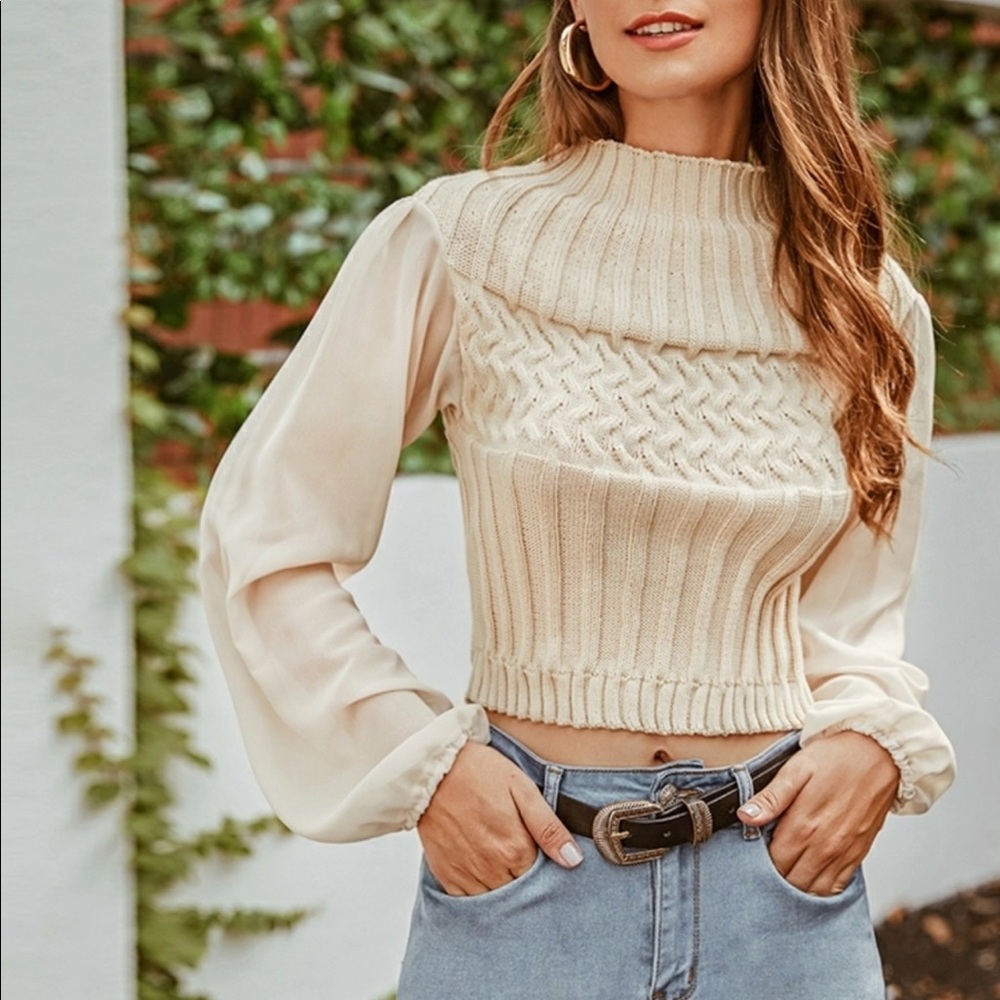 Mock neck mixed knit sweater
